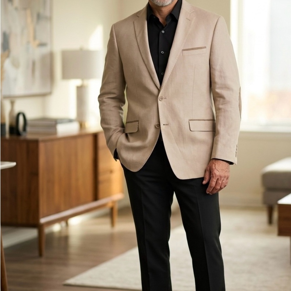 Van Heusen Beige Sport Coat with Elbow Patches Linen blend - Picture 2 of 4
